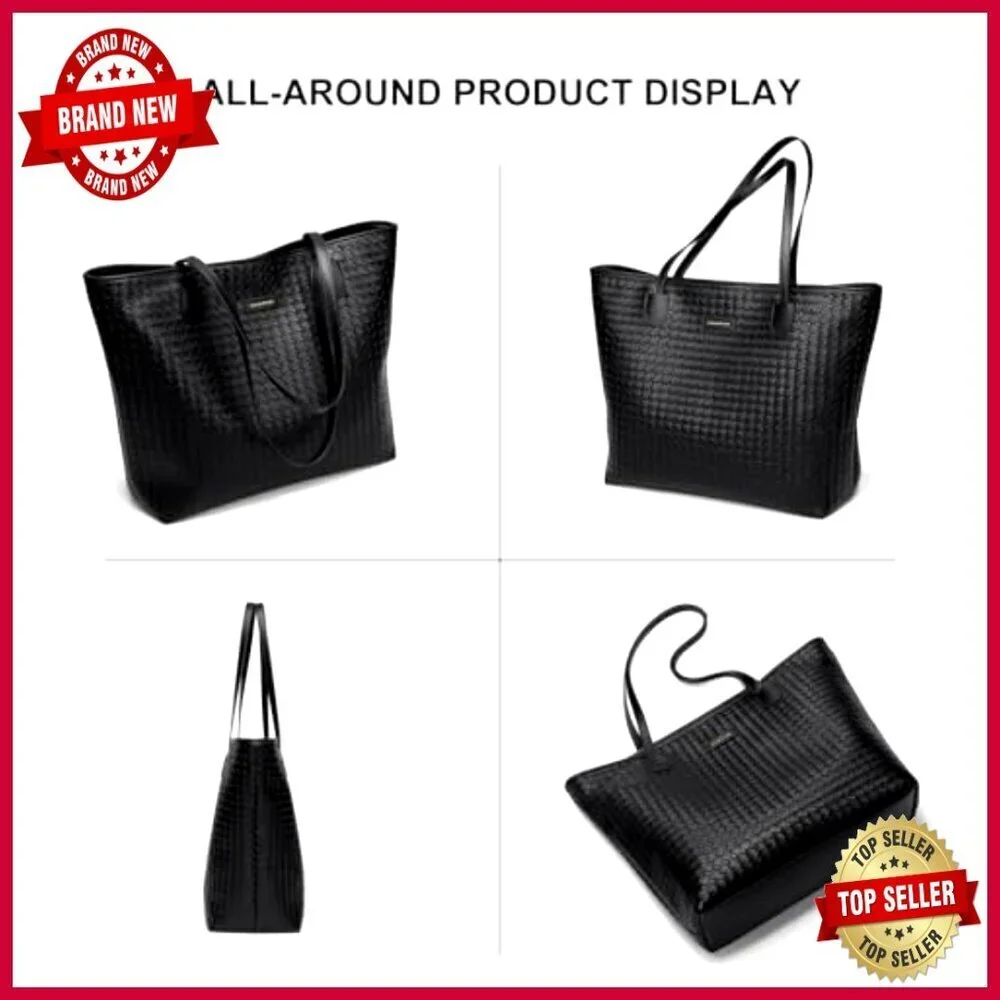 Large Vegan Leather Tote Bag with Zipper Closure for Work and Travel